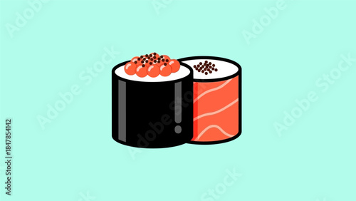 Two delicious sushi rolls one with salmon and another with tuna topping.