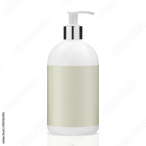 White cosmetic pump bottle with light blank label, isolated on white. Neutral packaging mockup ideal for skincare, lotion, soap, and clean beauty branding.