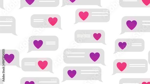 Seamless pattern of social media chat bubbles with hearts. Digital love messages background for dating apps and romantic communication.