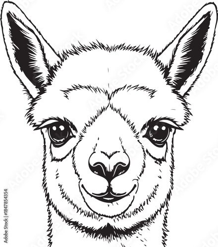 Llama face, detailed black and white illustration of South American animal