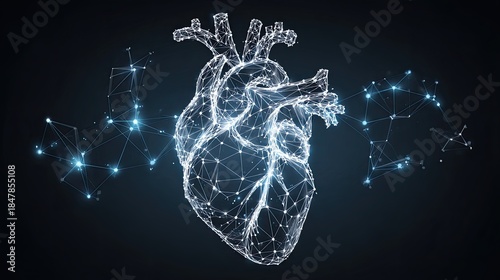 Fototapeta Naklejka Na Ścianę i Meble -  Glowing digital anatomical heart structure made of blue lines and particles on dark background with network effect