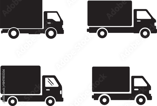 Delivery truck silhouette set. Shipping van icons. Logistics transport vehicle side view.