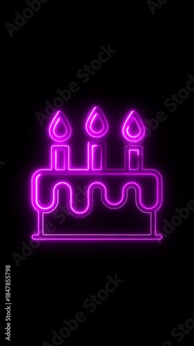 Vibrant neon outline of a birthday cake with three lit candles, glowing in electric pink against a black background, symbolizing festive celebrations and joyful special occasions