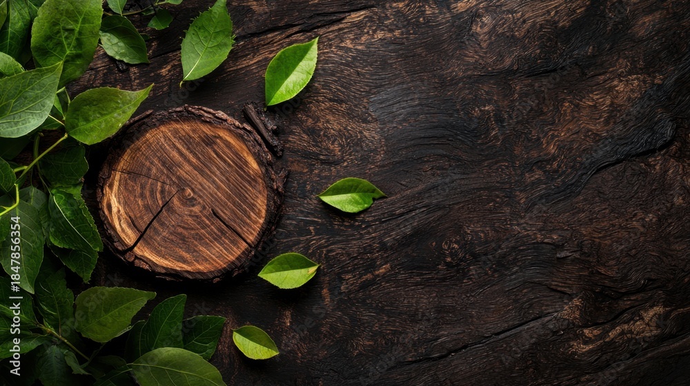 Obraz premium Natural elements on a rustic wooden background featuring green leaves and a wooden slice