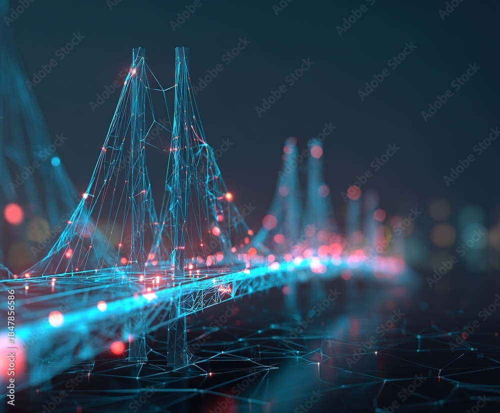 Obraz premium Network design of a bridge in a digital city with glowing lights at night showing connections and technology