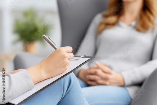 Closeup of therapist taking notes on clipboard during counseling session with client in soft focus. Mental health support, consultation, diagnosis, and empathetic care.