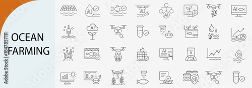 ocean farming icon set with aquaculture and environmental monitoring, minimal line vector design