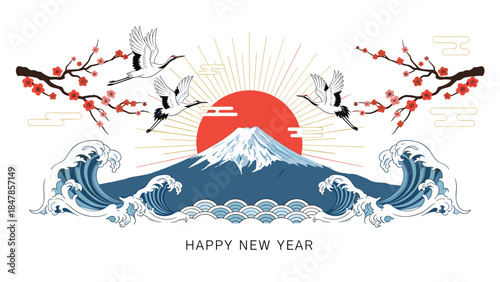 An auspicious 'Happy New Year' illustration with classic Japanese symbols like Mount Fuji, cranes, a rising sun, and plum blossoms.