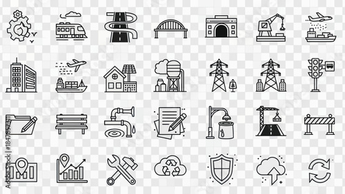 Diverse Icons Representing Infrastructure, Industry, and Urban Development