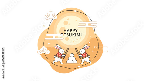 A 'Happy Otsukimi' illustration showing two cute rabbits in traditional Japanese outfits making mochi under the full moon for the festival.