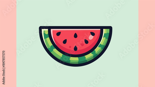 A vibrant slice of watermelon with black seeds and green rind.
