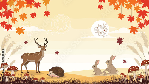 A beautiful autumn woodland scene with a deer, hedgehog, and rabbits among mushrooms and pampas grass under orange maple leaves.