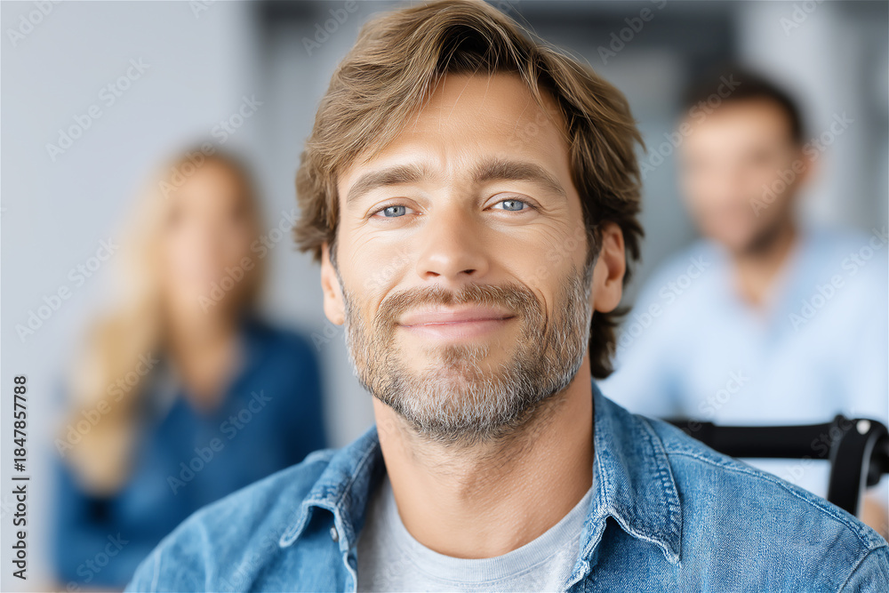 Fototapeta premium Friendly middle aged man smiling in an office with colleagues blurred behind, conveying leadership, trust and approachable professionalism for corporate and team branding.