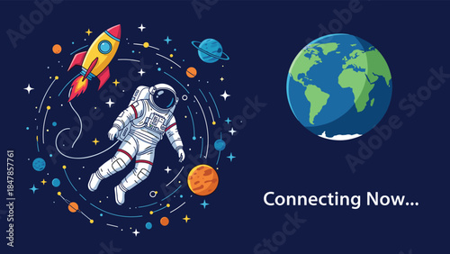 Connecting Now concept illustration with an astronaut and rocket ship floating in outer space near planet Earth among the stars.