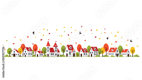 A charming panoramic illustration of a quaint European-style town street in autumn with colorful trees, falling leaves, and flying birds.