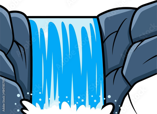 Cartoon Waterfall Illustration with Blue Water Flowing Over Rocks.