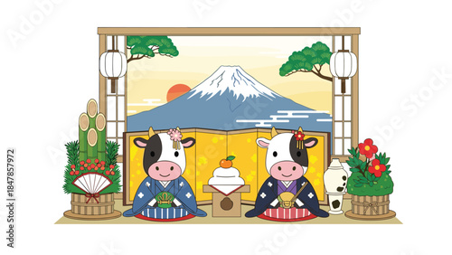 A charming Japanese New Year illustration for the Year of the Ox, featuring two cute cows in kimonos in front of a Mount Fuji screen.