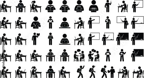 Collection of black and white stick figure icons depicting various educational activities like studying teaching presenting and collaborating in a classroom setting