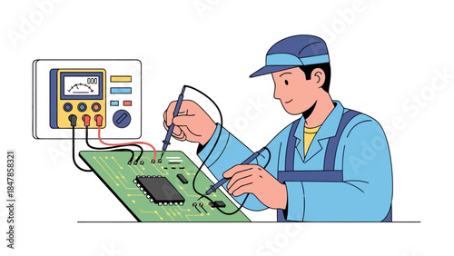 Person testing circuit board with multimeter