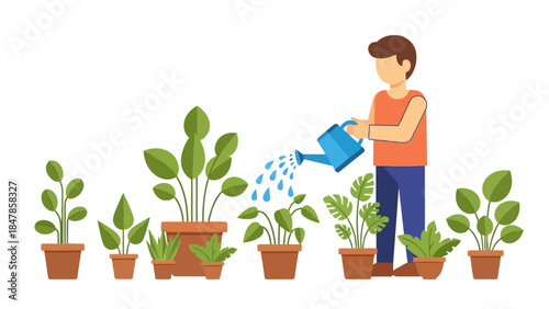 Person watering potted plants with a blue watering can