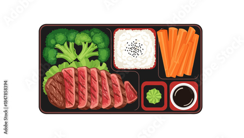 Pixel art bento box with sliced steak broccoli rice carrots wasabi and soy sauce