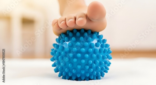 Woman massaging her sole of foot with spiked massage ball  self massage. Foot pain relief and relaxation. Self care and physical therapy concept.
