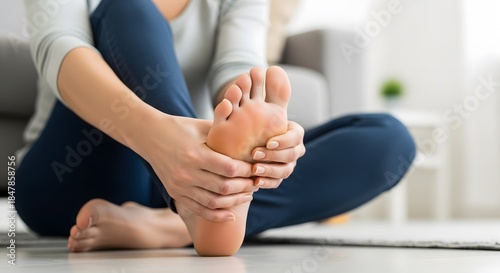 Woman massaging her aching foot at home. Self care and health concept. Relaxation and pain relief for tired feet.