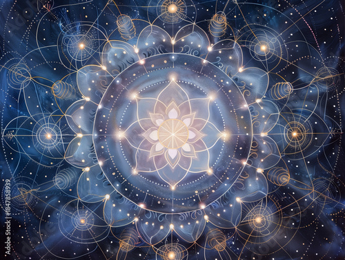 Stunning symmetrical painting showing sacred geometry with a lotus outline and a central white sun from an aerial view. Light balls and circles flow outwards against a background of stars and space. 
