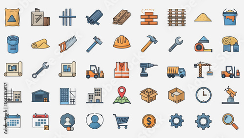 Collection of construction and building industry icons representing various tools and elements
