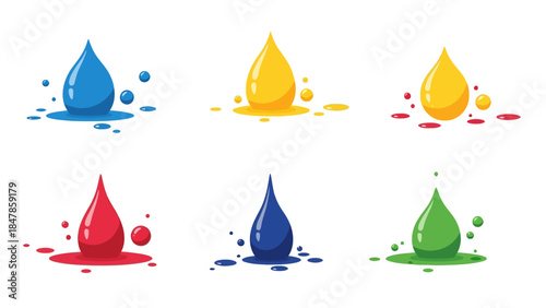 Six colorful paint drops with splashes on a white background