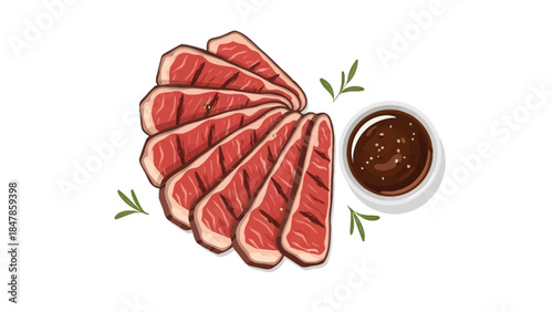 Sliced grilled steak with dipping sauce and rosemary