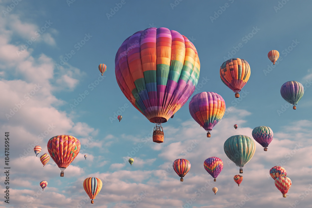 Fototapeta premium vibrant hot air balloons ascend into a clear blue sky filled with soft white clouds