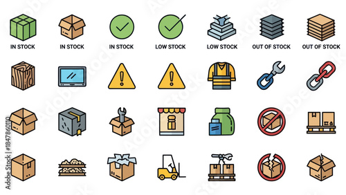Collection of commercial and logistics icons representing inventory status and delivery operations