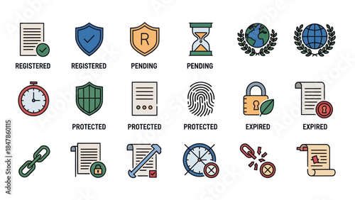 Collection of Business Transaction Status Icons for Digital and Legal Processes
