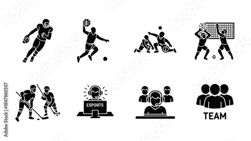 Diverse Sports and Esports Teamwork Icons Representing Athletic Competition and Digital Gaming