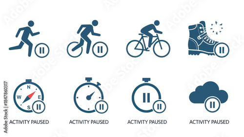 Digital icons illustrating various outdoor and indoor activities placed on hold, showing pause