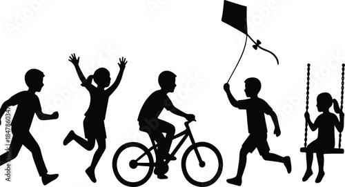 Black silhouette vector graphic depicting five children engaged in various outdoor activities like running biking flying a kite and swinging on a playground