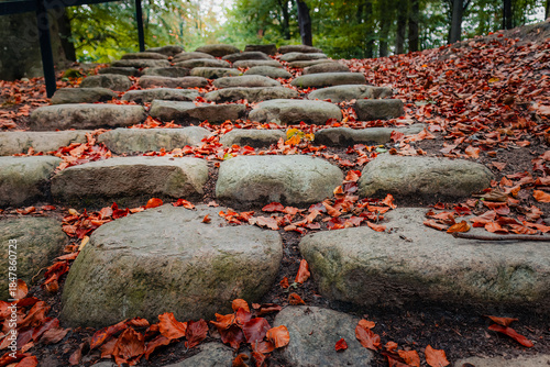 A low-angle, close-up shot of natural stone stairs winding through a park, scattered with vibrant red and orange fallen beech leaves during the autumn season in Ramlosa Brunnspark, Sweden.
