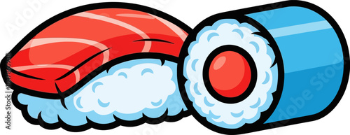 Cartoon Sushi Duo - Nigiri and Maki Roll Illustration.