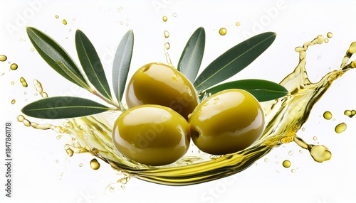 green olives with twigs in olive oil splashes isolated on white background