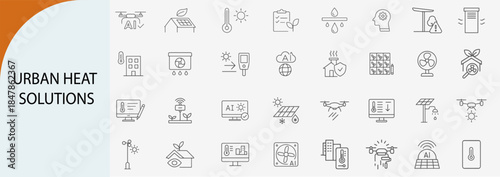urban heat solutions icon set with cooling strategies and climate adaptation, minimal line vector design