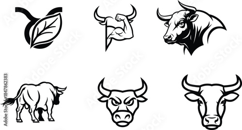 Diverse set of strong bull graphics for vinyl cutting, t-shirt printing, and corporate identity logo design.