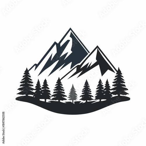 Stylized mountain landscape with pine trees in black and white minimalist design for outdoor scenery