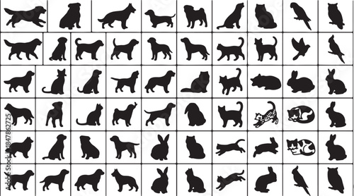 Collection of black and white animal silhouettes featuring various dog breeds cats rabbits birds and playful pet icons for design