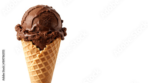 A delicious chocolate ice cream scoop in a waffle cone, topped with chocolate syrup, perfect for a sweet treat.