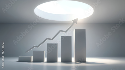 A minimalist scene featuring ascending bars and an upward arrow, symbolizing growth and progress under a circular skylight.