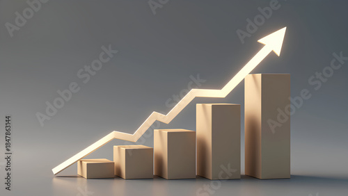 A minimalist graph shows increasing bars and an upward arrow, symbolizing growth and progress in a sleek design.