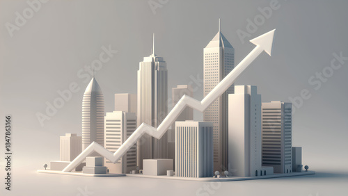 A stylized city skyline with a rising graph, symbolizing economic growth and progress in urban development.