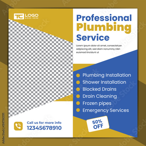 Plumbing service social media post banner template with professional handyman home repair web banner design layout.