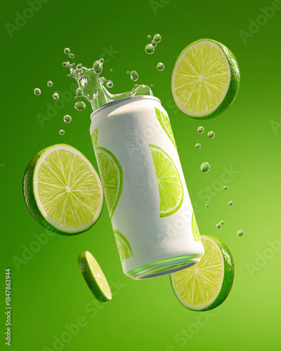 Refreshing soda can with lime slices splashing in vibrant green  